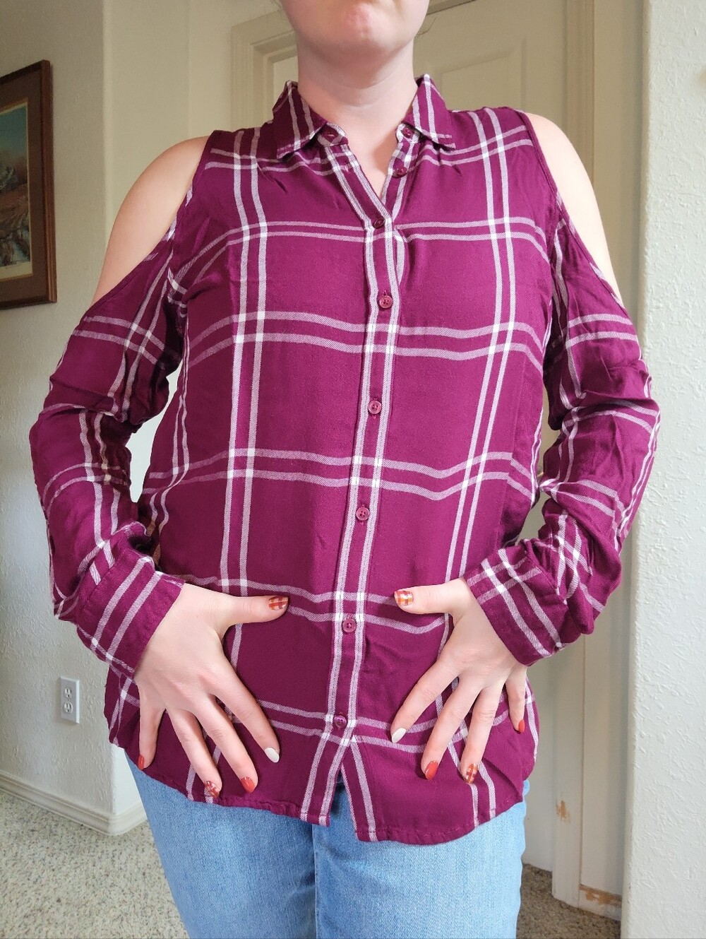 EXPRESS Burgundy Plaid Cold Shoulder Flannel Shirt Women's Size SP